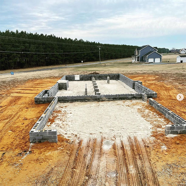 Aerial view of a block foundation ready for fill