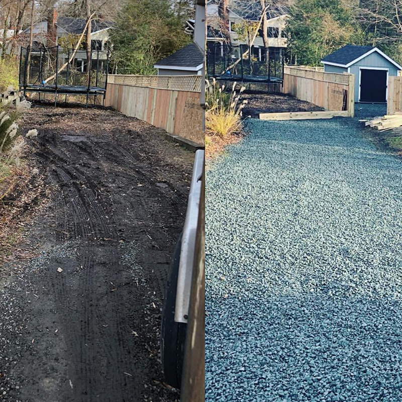 Before and after of a muddy lane backfilled with gravel
