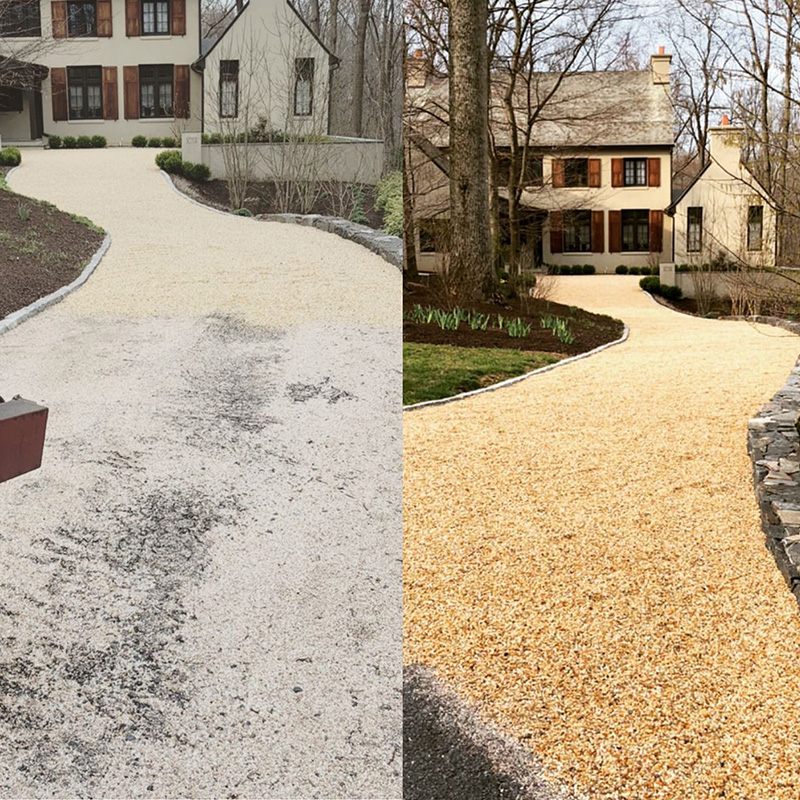 Before and after of a worn stone driveway restored